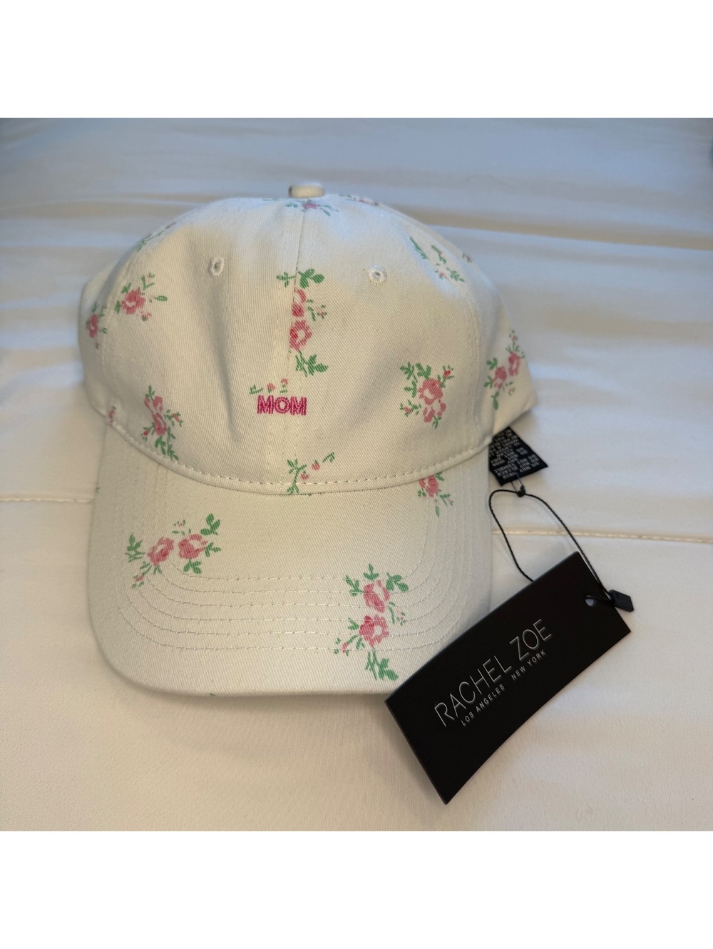 NWT Rachel Zoe White Floral 'Mom' Embroidered Cotton Baseball Cap Hat